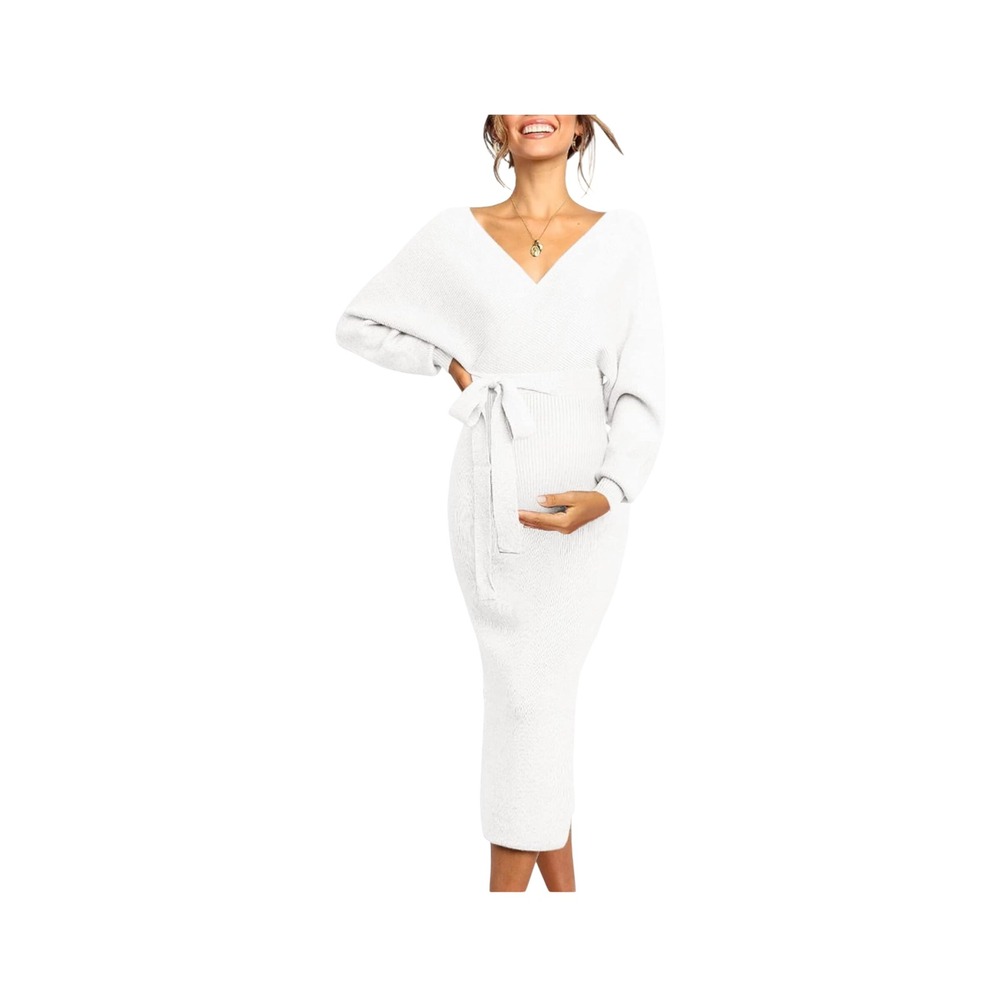 NWOT White Wrap Knit Midi Dress Belted V Neck Side Slit Maternity/Nursing